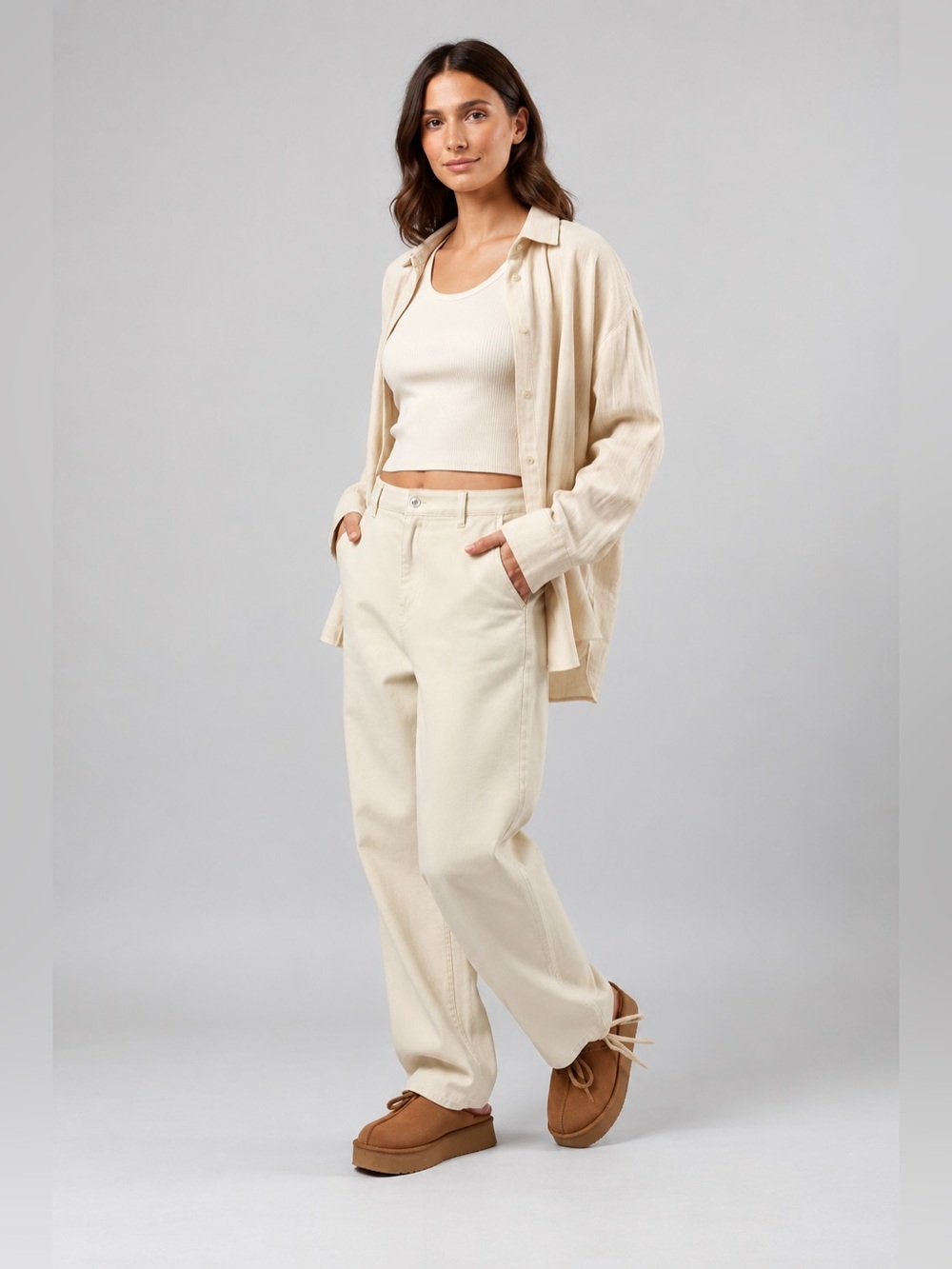 Mandalay &Co. Ankle Tie Drawstring Hem Utility Pants Cream High Rise S,M,L